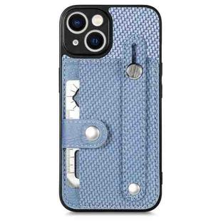 For iPhone 13 mini Wristband Kickstand Card Wallet Back Cover Phone Case with Tool Knife(Blue)