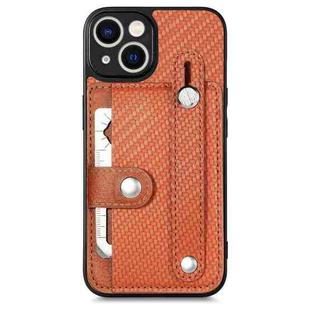 For iPhone 13 mini Wristband Kickstand Card Wallet Back Cover Phone Case with Tool Knife(Brown)