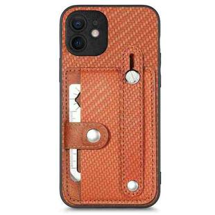 For iPhone 12 Wristband Kickstand Card Wallet Back Cover Phone Case with Tool Knife(Brown)