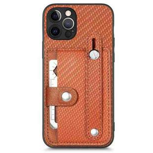 For iPhone 12 Pro Max Wristband Kickstand Card Wallet Back Cover Phone Case with Tool Knife(Brown)