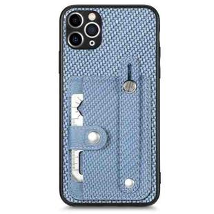For iPhone 11 Pro Wristband Kickstand Card Wallet Back Cover Phone Case with Tool Knife(Blue)
