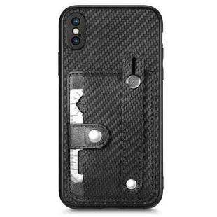 For iPhone X / XS Wristband Kickstand Card Wallet Back Cover Phone Case with Tool Knife(Black)