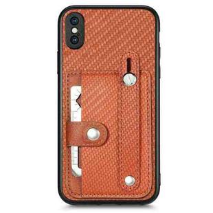 For iPhone X / XS Wristband Kickstand Card Wallet Back Cover Phone Case with Tool Knife(Brown)