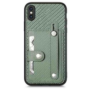 For iPhone X / XS Wristband Kickstand Card Wallet Back Cover Phone Case with Tool Knife(Green)