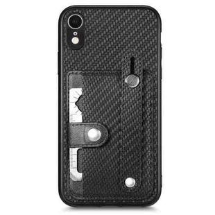 For iPhone XR Wristband Kickstand Card Wallet Back Cover Phone Case with Tool Knife(Black)