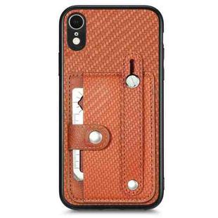 For iPhone XR Wristband Kickstand Card Wallet Back Cover Phone Case with Tool Knife(Brown)