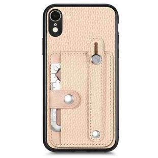 For iPhone XR Wristband Kickstand Card Wallet Back Cover Phone Case with Tool Knife(Khaki)