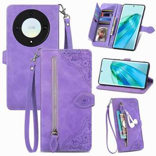 For Honor Magic5 Lite Embossed Flower Zipper Leather Phone Case(Purple)