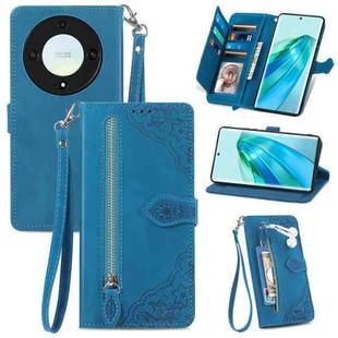 For Honor X40 Embossed Flower Zipper Leather Phone Case(Blue)