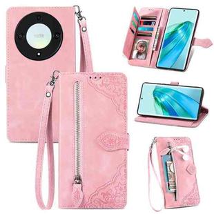 For Honor X40 Embossed Flower Zipper Leather Phone Case(Pink)