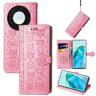 For Honor Magic5 Lite Cute Cat and Dog Embossed Leather Phone Case(Pink)