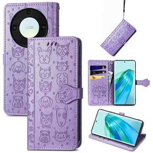 For Honor X9a Cute Cat and Dog Embossed Leather Phone Case(Purple)