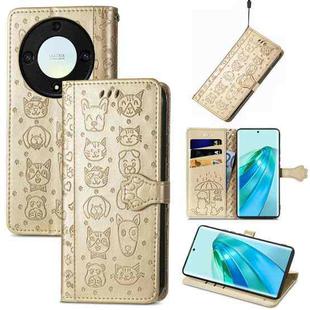 For Honor X9a Cute Cat and Dog Embossed Leather Phone Case(Gold)