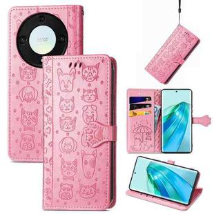 For Honor X40 Cute Cat and Dog Embossed Leather Phone Case(Pink)