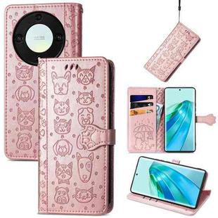 For Honor X40 Cute Cat and Dog Embossed Leather Phone Case(Rose Gold)