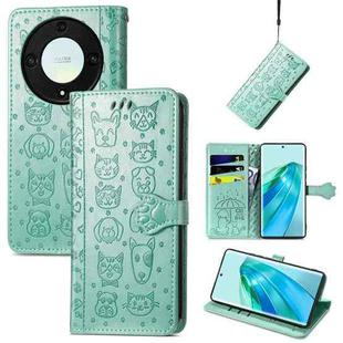 For Honor X40 Cute Cat and Dog Embossed Leather Phone Case(Green)