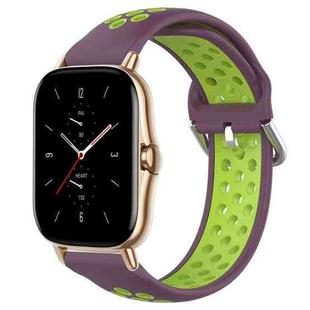 For Amazfit GTS 2 20mm Perforated Breathable Sports Silicone Watch Band(Purple+Lime)