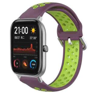 For Amazfit GTS 20mm Perforated Breathable Sports Silicone Watch Band(Purple+Lime)