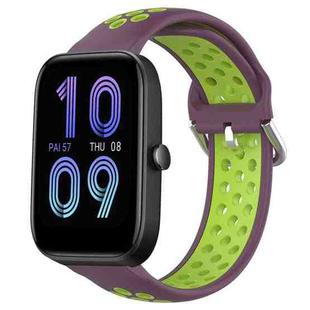 For Amazfit Bip3 20mm Perforated Breathable Sports Silicone Watch Band(Purple+Lime)