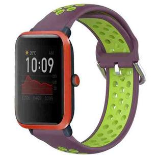 For Amazfit Bip 1S 20mm Perforated Breathable Sports Silicone Watch Band(Purple+Lime)