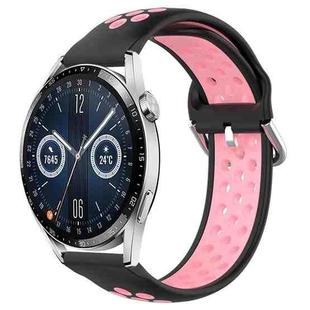 For Huawei Watch GT3 46mm 22mm Perforated Breathable Sports Silicone Watch Band(Black+Pink)