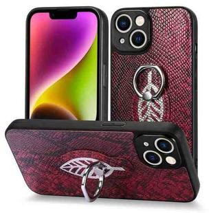 For iPhone 14 Plus Snakeskin Leather Back Cover Ring  Phone Case(Red)