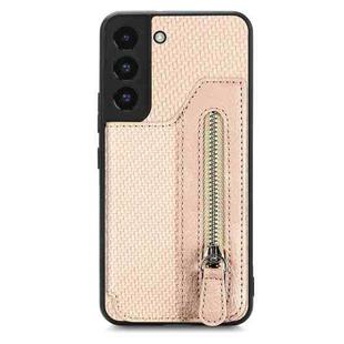 For Samsung Galaxy S22 5G Carbon Fiber Horizontal Flip Zipper Wallet Phone Case(Khaki)