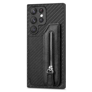 For Samsung Galaxy S22 Ultra 5G Carbon Fiber Horizontal Flip Zipper Wallet Phone Case(Black)