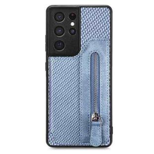 For Samsung Galaxy S21 Ultra 5G Carbon Fiber Horizontal Flip Zipper Wallet Phone Case(Blue)