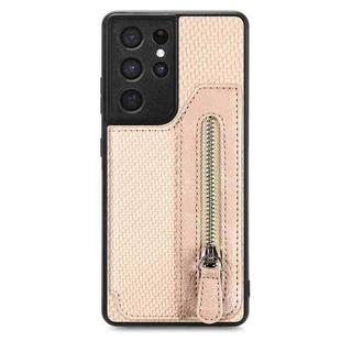 For Samsung Galaxy S21 Ultra 5G Carbon Fiber Horizontal Flip Zipper Wallet Phone Case(Khaki)