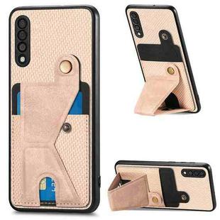 For Samsung Galaxy A50 Carbon Fiber Wallet Flip Card K-shaped Holder Phone Case(Khaki)