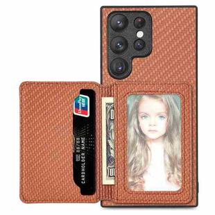 For Samsung Galaxy S22 Ultra 5G Carbon Fiber Magnetic Card Wallet Bag Phone Case(Brown)