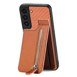 For Samsung Galaxy S22 5G Carbon Fiber Vertical Flip Zipper Wallet Phone Case(Brown)
