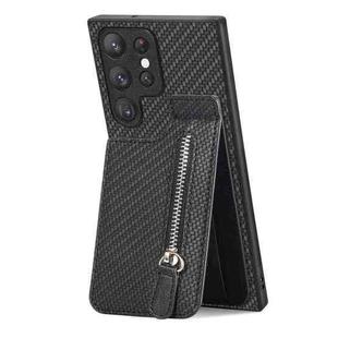 For Samsung Galaxy S22 Ultra 5G Carbon Fiber Vertical Flip Zipper Wallet Phone Case(Black)