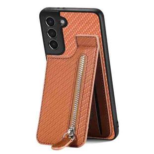 For Samsung Galaxy S21 5G Carbon Fiber Vertical Flip Zipper Wallet Phone Case(Brown)