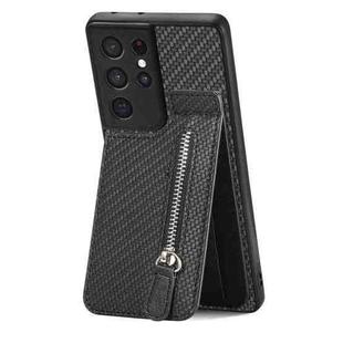 For Samsung Galaxy S21 Ultra 5G Carbon Fiber Vertical Flip Zipper Wallet Phone Case(Black)
