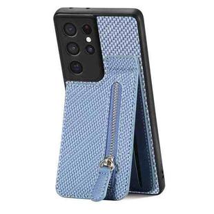 For Samsung Galaxy S21 Ultra 5G Carbon Fiber Vertical Flip Zipper Wallet Phone Case(Blue)