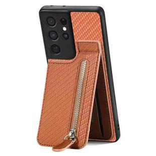 For Samsung Galaxy S21 Ultra 5G Carbon Fiber Vertical Flip Zipper Wallet Phone Case(Brown)