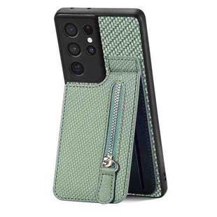 For Samsung Galaxy S21 Ultra 5G Carbon Fiber Vertical Flip Zipper Wallet Phone Case(Green)