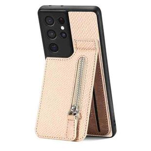 For Samsung Galaxy S21 Ultra 5G Carbon Fiber Vertical Flip Zipper Wallet Phone Case(Khaki)