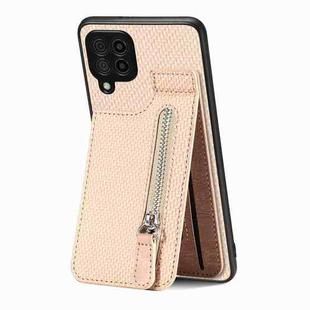 For Samsung Galaxy A22 4G Carbon Fiber Vertical Flip Zipper Wallet Phone Case(Khaki)