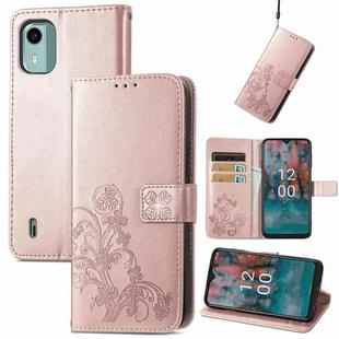 For Nokia C12 Four-leaf Clasp Embossed Buckle Leather Phone Case(Rose Gold)