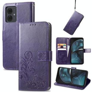 For Motorola Moto G14 Four-leaf Clasp Embossed Leather Phone Case(Purple)