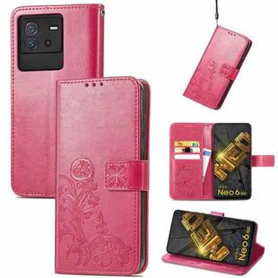 For vivo iQOO Neo6 Four-leaf Clasp Embossed Buckle Leather Phone Case(Magenta)