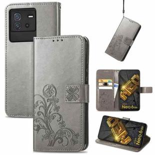 For vivo iQOO Neo6 Four-leaf Clasp Embossed Buckle Leather Phone Case(Gray)