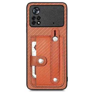 For Xiaomi Poco X4 Pro 5G Wristband Kickstand Card Wallet Back Cover Phone Case with Tool Knife(Brown)