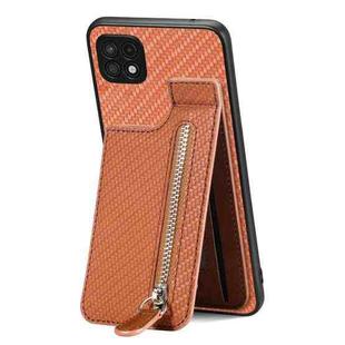 For Samsung Galaxy A22 5G Carbon Fiber Vertical Flip Zipper Phone Case(Brown)