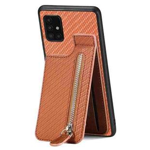 For Samsung Galaxy A51 5G Carbon Fiber Vertical Flip Zipper Phone Case(Brown)