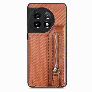 For OnePlus 11 Carbon Fiber Horizontal Flip Zipper Wallet Phone Case(Brown)