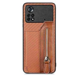 For Xiaomi Poco X4 Pro 5G Carbon Fiber Horizontal Flip Zipper Wallet Phone Case(Brown)